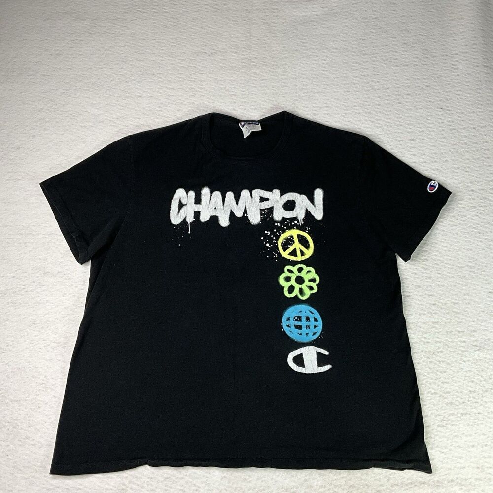 Vintage Y2K Champion T-Shirt Paint Drip Design World Peace Flowers  XL Unisex